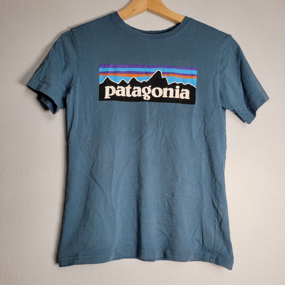 Patagonia Youth M P-6 Logo T-Shirt Blue Gorpcore Hiking Outdoor Organic Cotton